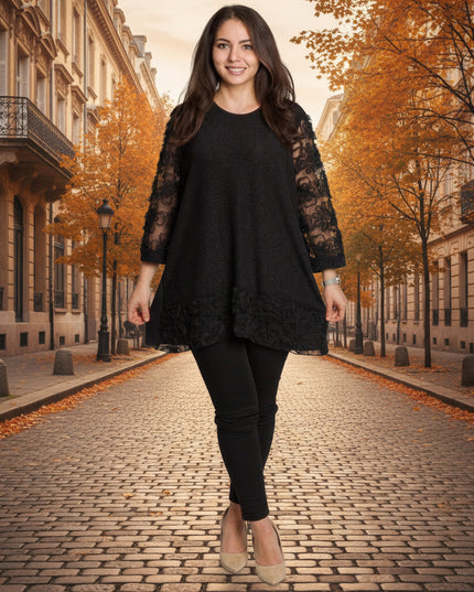 Официална черна туника с тюлени ръкави и флорални мотиви