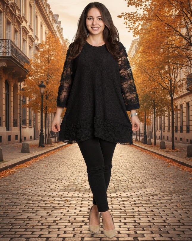 Официална черна туника с тюлени ръкави и флорални мотиви