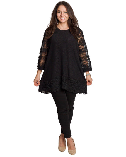 Официална черна туника с тюлени ръкави и флорални мотиви