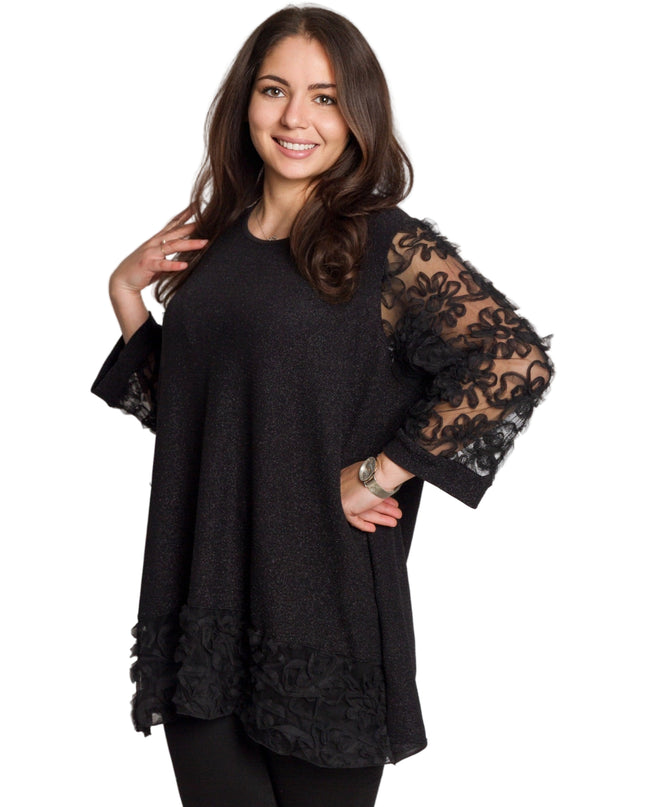 Официална черна туника с тюлени ръкави и флорални мотиви