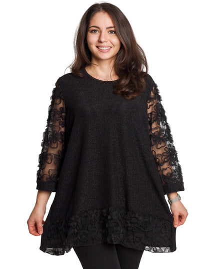 Официална черна туника с тюлени ръкави и флорални мотиви