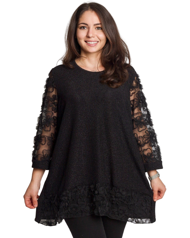 Официална черна туника с тюлени ръкави и флорални мотиви