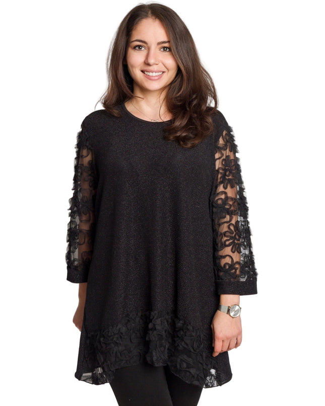 Официална черна туника с тюлени ръкави и флорални мотиви