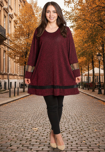 Tunică elegantă bordo, cu imprimeu strălucitor, mărimi mari