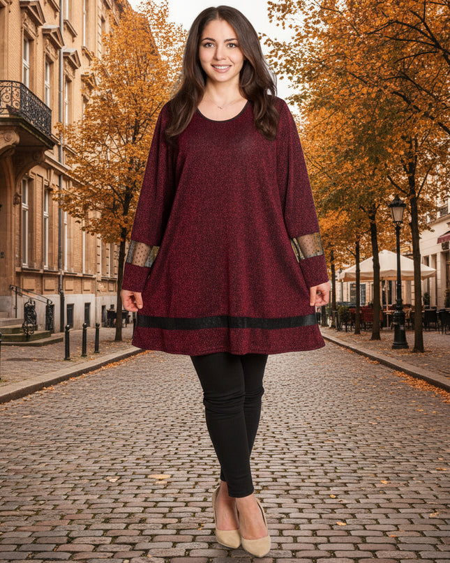 Официална туника в цвят бордо с блястящ десен в големи размери