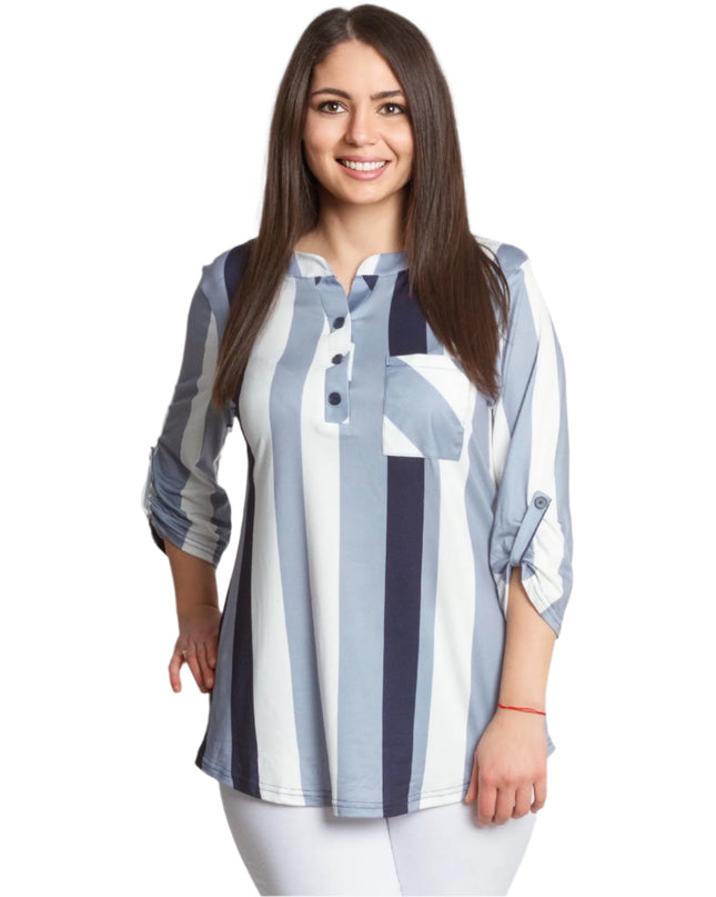 Cămașă maxi elegantă în dungi cu buzunar și mâneci 3/4