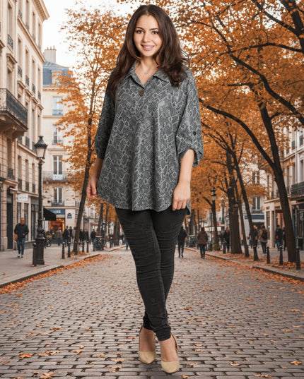 Tunică maxi formală cu un decolteu spectaculos și șifon cu imprimeu alb-negru