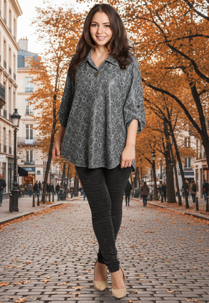 Tunică maxi formală cu un decolteu spectaculos și șifon cu imprimeu alb-negru