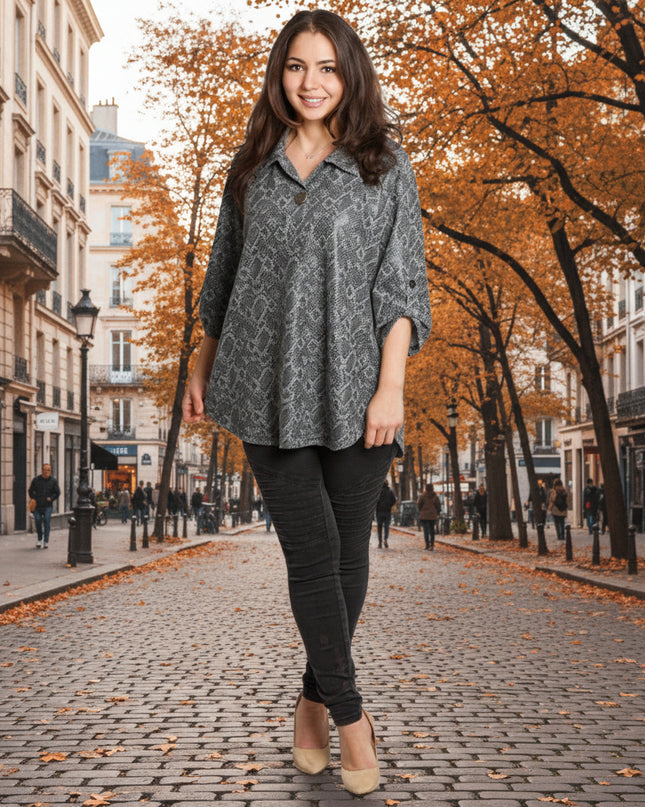 Tunică maxi formală cu un decolteu spectaculos și șifon cu imprimeu alb-negru