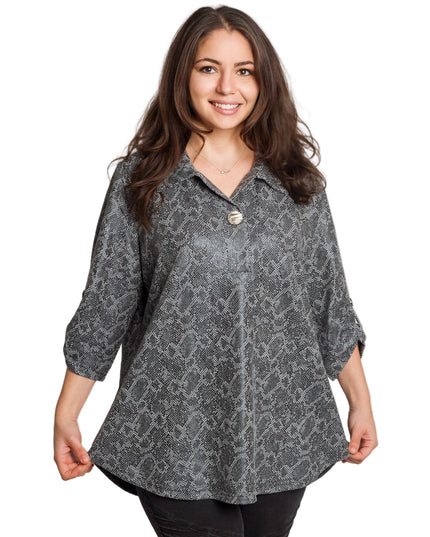 Tunică maxi formală cu un decolteu spectaculos și șifon cu imprimeu alb-negru