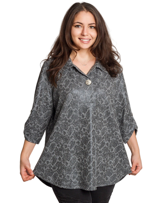 Tunică maxi formală cu un decolteu spectaculos și șifon cu imprimeu alb-negru