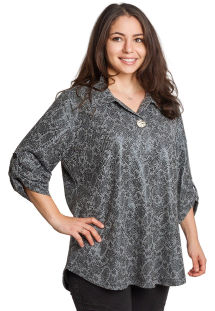 Tunică maxi formală cu un decolteu spectaculos și șifon cu imprimeu alb-negru