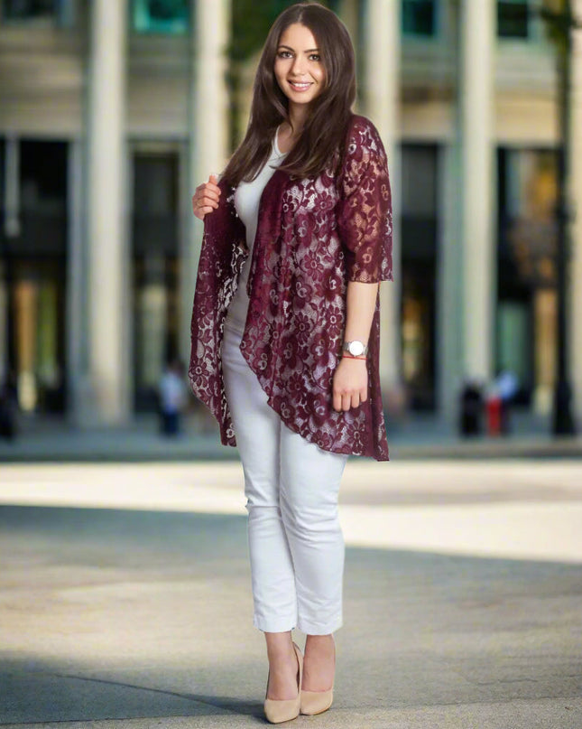 Blazer elegant din dantelă în culoare bordo