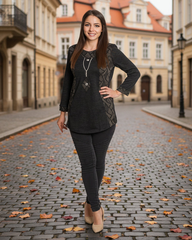 Tunică lejeră în mărimi mari cu accente din piele