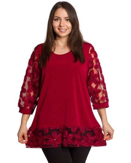 Официална бордо туника с права кройка и ефектни дантелени ръкави