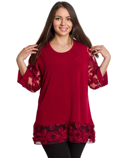 Официална бордо туника с права кройка и ефектни дантелени ръкави