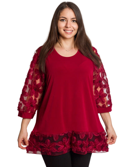 Официална бордо туника с права кройка и ефектни дантелени ръкави