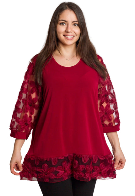 Официална бордо туника с права кройка и ефектни дантелени ръкави