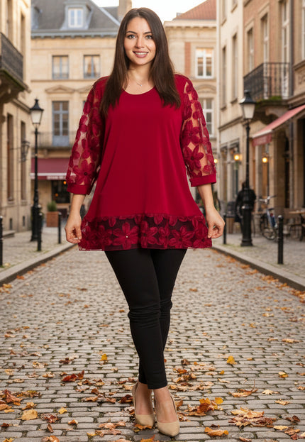 Tunică oficială bordo cu croială dreaptă și mâneci elegante din dantelă