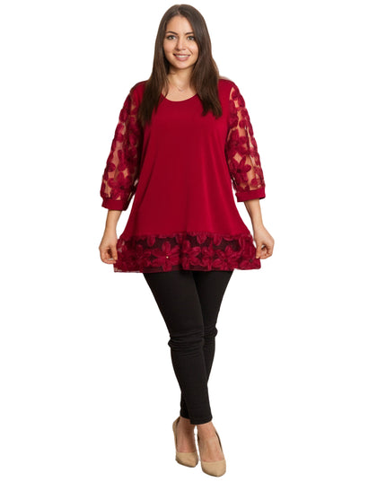 Официална бордо туника с права кройка и ефектни дантелени ръкави