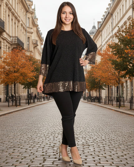 Официална черна туника с права кройка и пайетен акцент