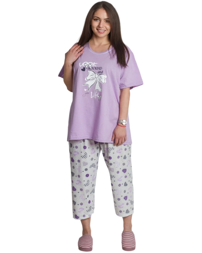 Pijama mov din bumbac mărimi mari cu imprimeu