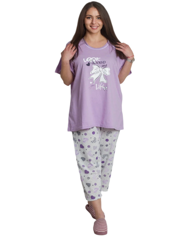 Pijama mov din bumbac mărimi mari cu imprimeu
