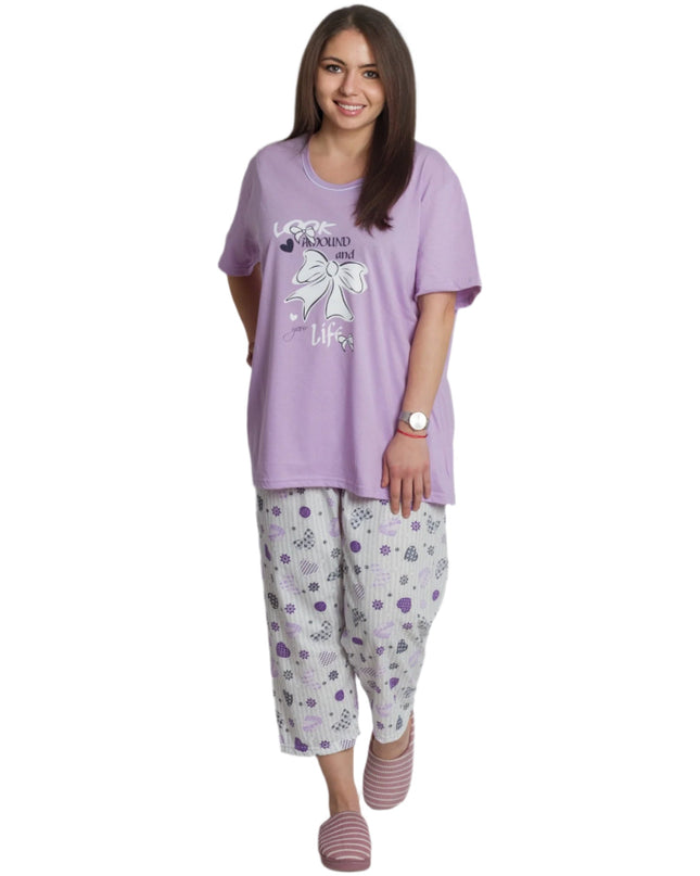 Pijama mov din bumbac mărimi mari cu imprimeu