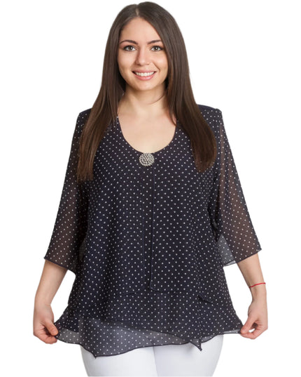 Tunică elegantă din șifon bleumarin cu mâneci 3/4 și broșă