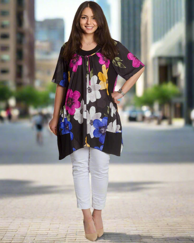 Tunică lejeră maxi cu imprimeu floral - 4XL, 5XL