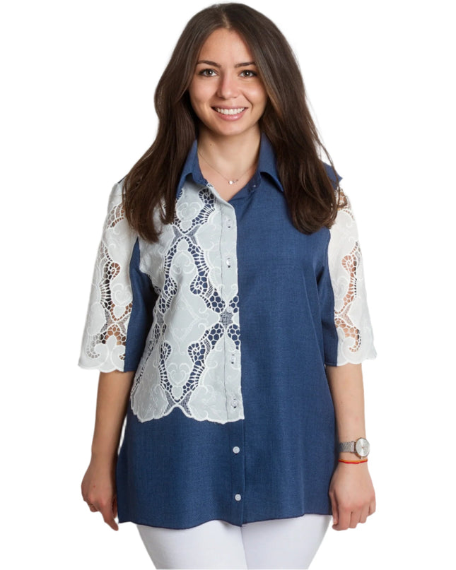 Cămașă maxi elegantă cu dantelă brodată și mâneci 3/4