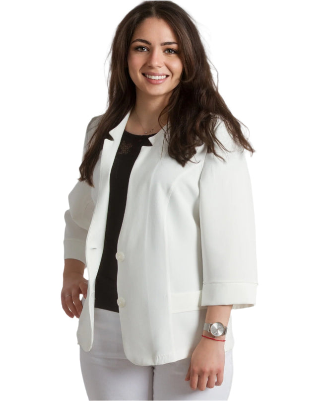 Sacou elegant alb pentru femei, mâneci 3/4, mărimi mari