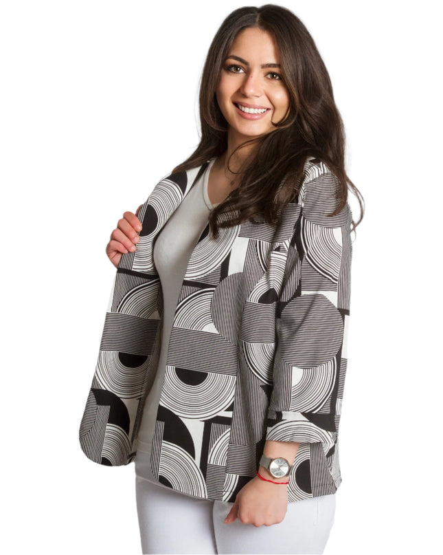 Sacou fără nasturi cu model geometric și mâneci 3/4