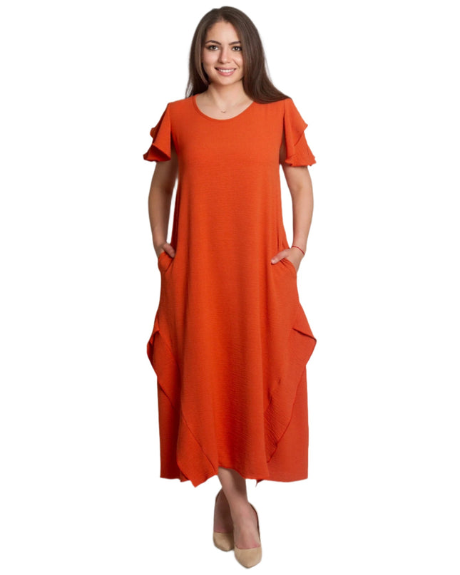 Rochie de damă evazată cu volane și buzunare mărimi mari
