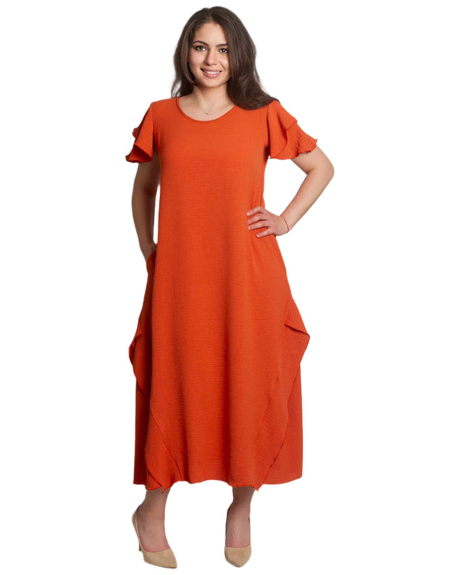 Rochie de damă evazată cu volane și buzunare mărimi mari