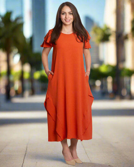Rochie de damă evazată cu volane și buzunare mărimi mari