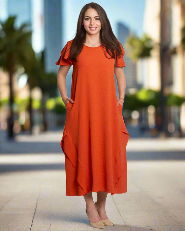 Rochie de damă evazată cu volane și buzunare mărimi mari