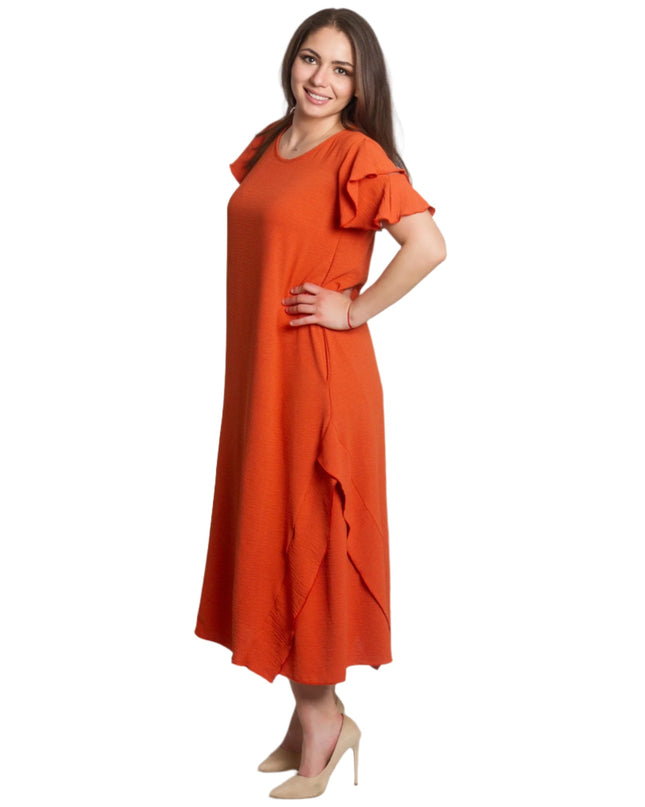 Rochie de damă evazată cu volane și buzunare mărimi mari
