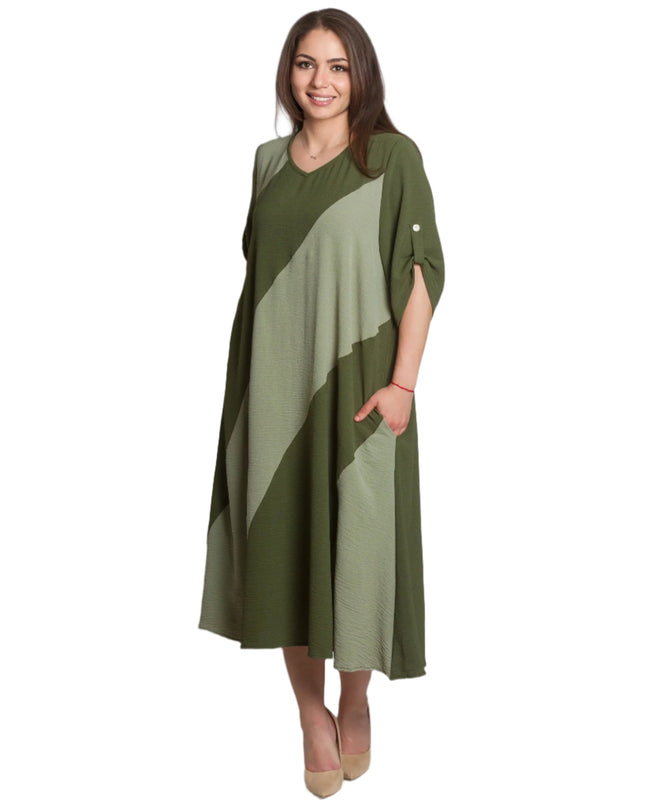 Rochie verde asimetrică cu mâneci cu nasturi