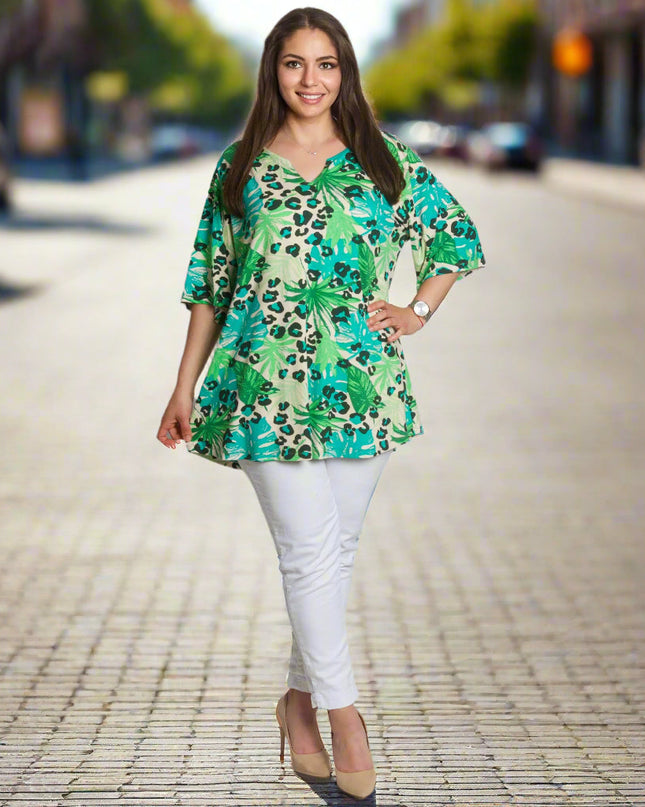 Tunică verde cu imprimeu floral și mâneci 3/4 în mărimi maxi