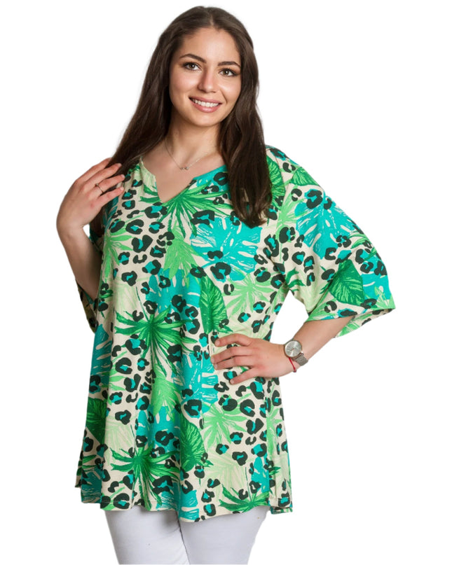 Tunică verde cu imprimeu floral și mâneci 3/4 în mărimi maxi