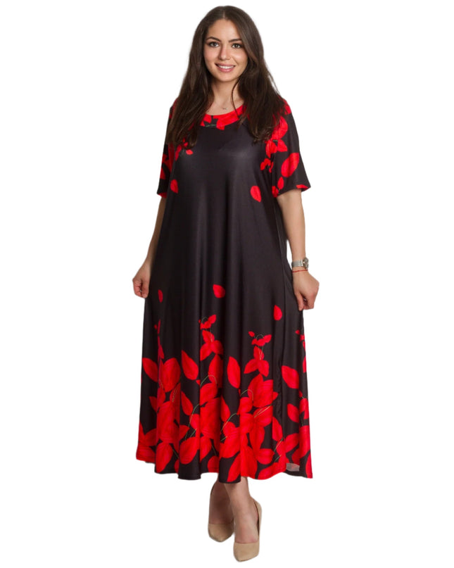 Rochie neagră cu flori roșii și croială lejeră