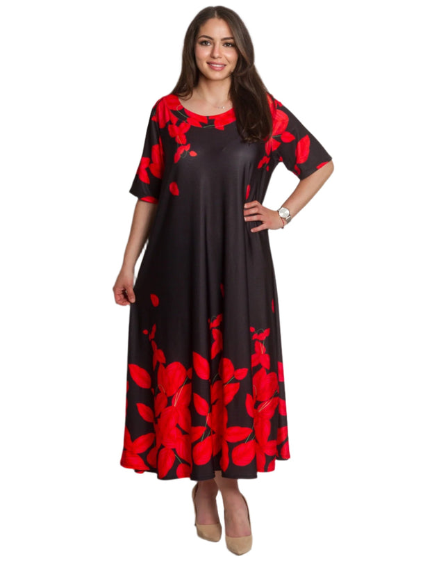 Rochie neagră cu flori roșii și croială lejeră