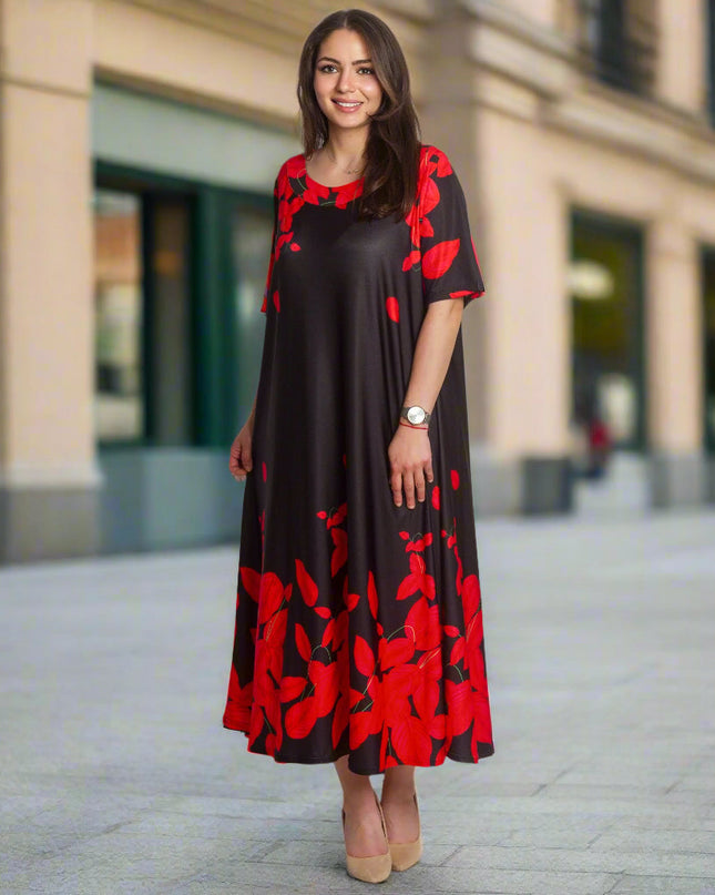 Rochie neagră cu flori roșii și croială lejeră