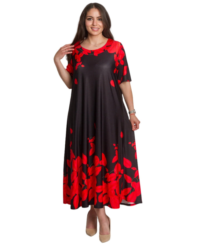 Rochie neagră cu flori roșii și croială lejeră