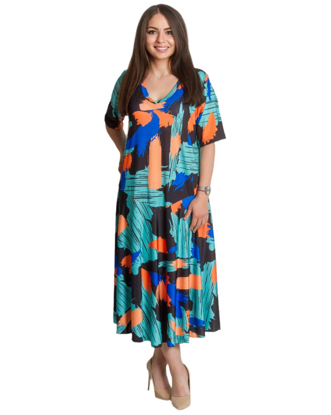 Rochie evazată cu model abstract colorat și decolteu în V