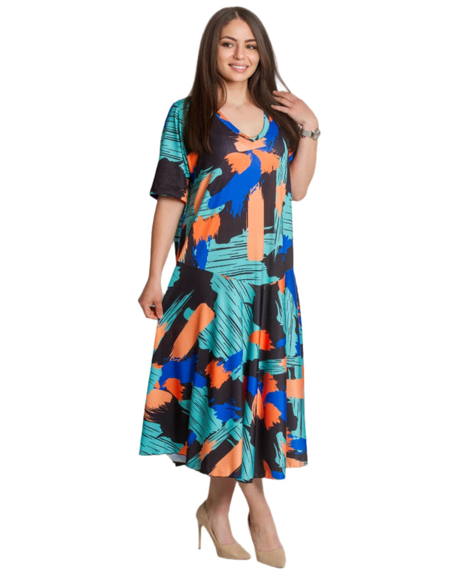 Rochie evazată cu model abstract colorat și decolteu în V