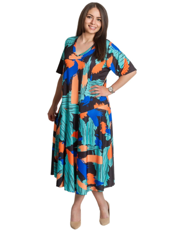 Rochie evazată cu model abstract colorat și decolteu în V