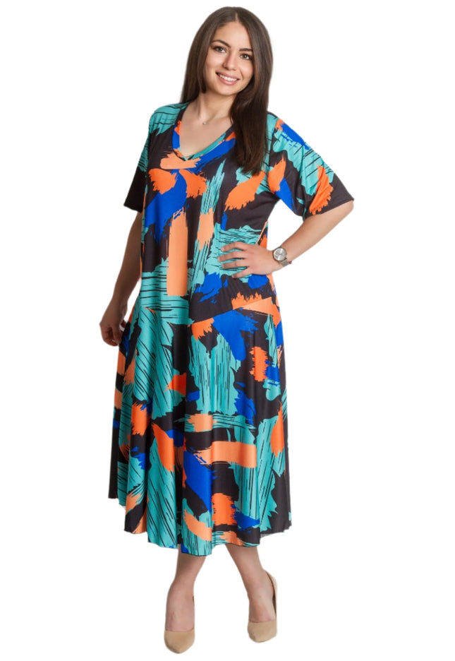 Rochie evazată cu model abstract colorat și decolteu în V