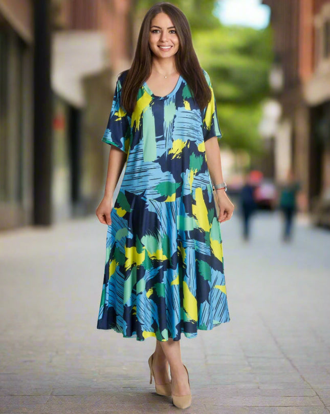 Rochie evazată cu model abstract, mărimi mari